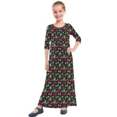 Girl With Green Hair Pattern Brown Floral Kids  Quarter Sleeve Maxi Dress by snowwhitegirl