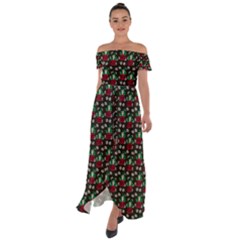 Girl With Green Hair Pattern Brown Floral Off Shoulder Open Front Chiffon Dress