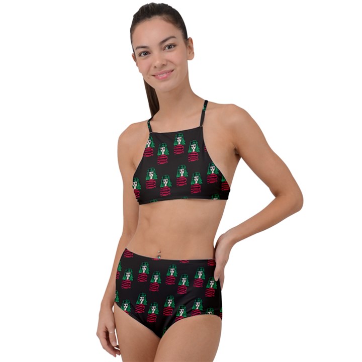 Girl With Green Hair Pattern Brown High Waist Tankini Set