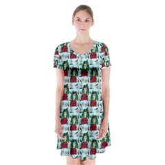 Girl With Green Hair Pattern Blue Floral Short Sleeve V-neck Flare Dress by snowwhitegirl