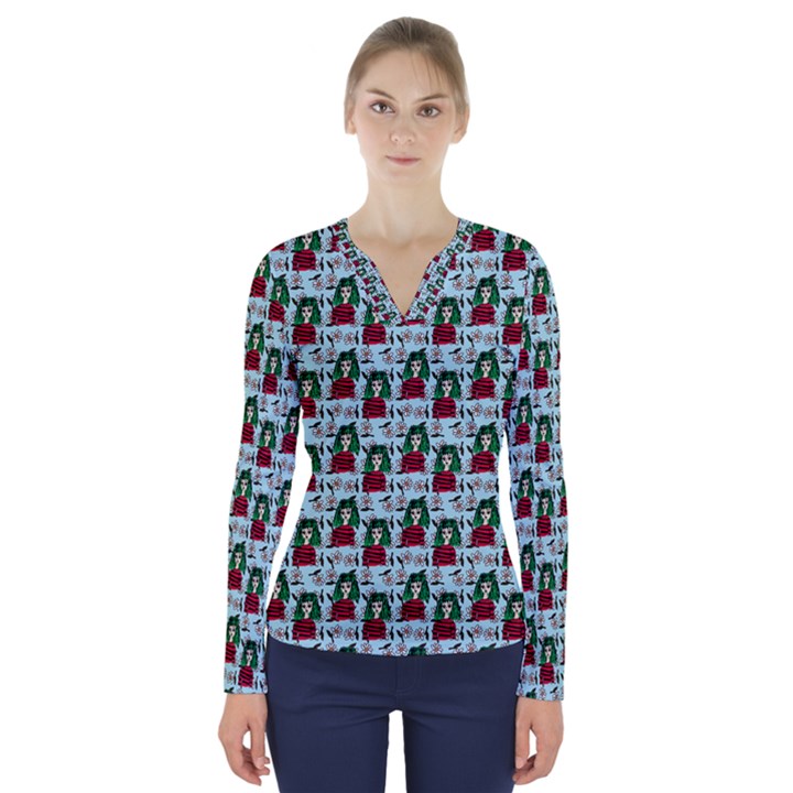 Girl With Green Hair Pattern Blue Floral V-Neck Long Sleeve Top