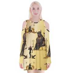 Anubis The Egyptian God Pattern Velvet Long Sleeve Shoulder Cutout Dress by FantasyWorld7