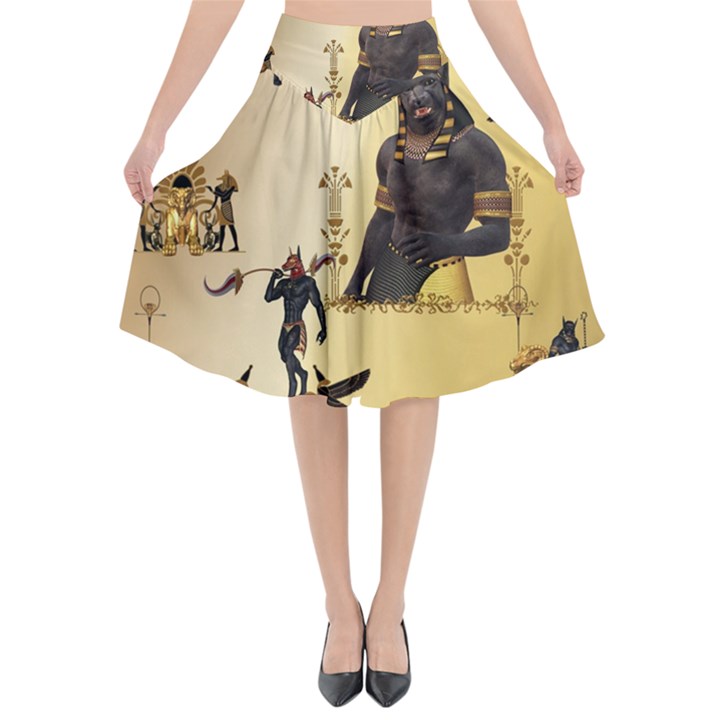 Anubis The Egyptian God Pattern Flared Midi Skirt