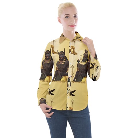 Anubis The Egyptian God Pattern Women s Long Sleeve Pocket Shirt by FantasyWorld7