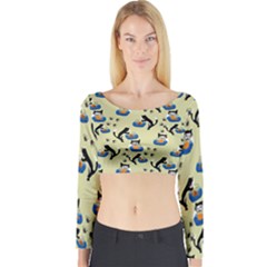 Cat And Fishbowl Long Sleeve Crop Top by bloomingvinedesign