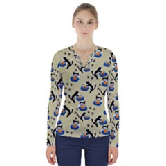 Cat And Fishbowl V-neck Long Sleeve Top by bloomingvinedesign