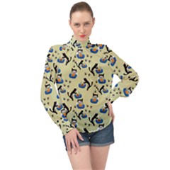 Cat And Fishbowl High Neck Long Sleeve Chiffon Top