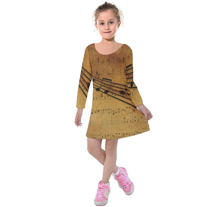 Background Music Kids  Long Sleeve Velvet Dress