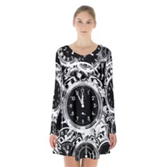 Clock Face 5 Long Sleeve Velvet V-neck Dress