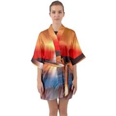 Sunset Water River Sea Sunrays Half Sleeve Satin Kimono 