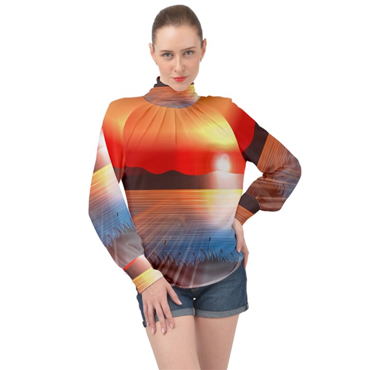 Sunset Water River Sea Sunrays High Neck Long Sleeve Chiffon Top