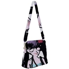 Girl With Flower Zipper Messenger Bag