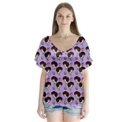 Redhead Girl Pattern Lilac V-neck Flutter Sleeve Top by snowwhitegirl