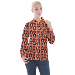 Girl Flower Pattern Apricot Women s Long Sleeve Pocket Shirt