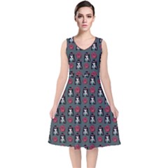 Girl Flower Pattern Grey V-Neck Midi Sleeveless Dress 