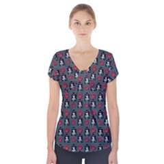 Girl Flower Pattern Grey Short Sleeve Front Detail Top