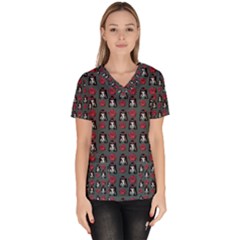 Girl Flower Pattern Grey Women s V-Neck Scrub Top