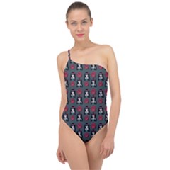 Girl Flower Pattern Grey Classic One Shoulder Swimsuit