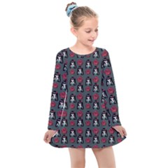 Girl Flower Pattern Grey Kids  Long Sleeve Dress