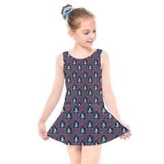 Girl Flower Pattern Grey Kids  Skater Dress Swimsuit