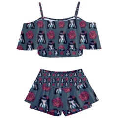 Girl Flower Pattern Grey Kids  Off Shoulder Skirt Bikini