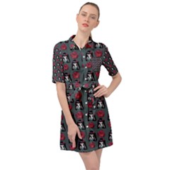 Girl Flower Pattern Grey Belted Shirt Dress