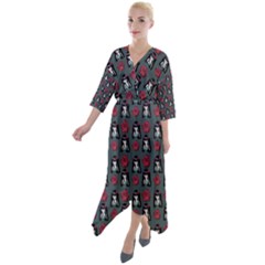 Girl Flower Pattern Grey Quarter Sleeve Wrap Front Maxi Dress