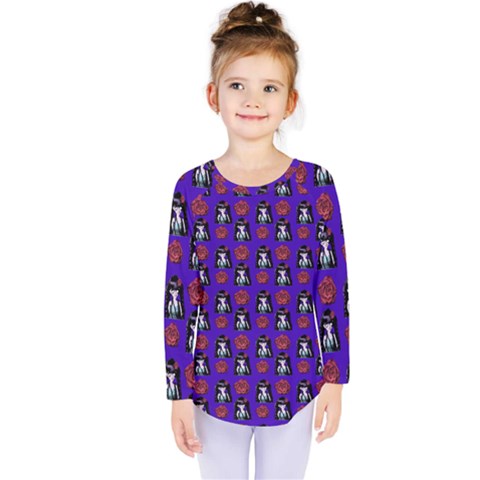 Girl Flower Pattern Royal Blue Kids  Long Sleeve Tee by snowwhitegirl