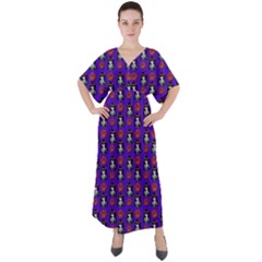 Girl Flower Pattern Royal Blue V-neck Boho Style Maxi Dress