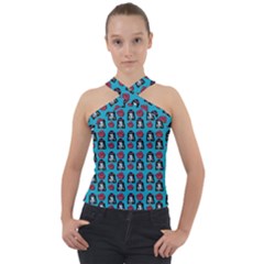 Girl Flower Pattern Blue Cross Neck Velour Top by snowwhitegirl