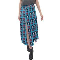 Girl Flower Pattern Blue Velour Split Maxi Skirt