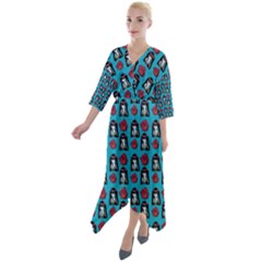 Girl Flower Pattern Blue Quarter Sleeve Wrap Front Maxi Dress