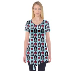 Girl Flower Pattern Light Blue Short Sleeve Tunic  by snowwhitegirl