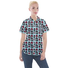 Girl Flower Pattern Light Blue Women s Short Sleeve Pocket Shirt