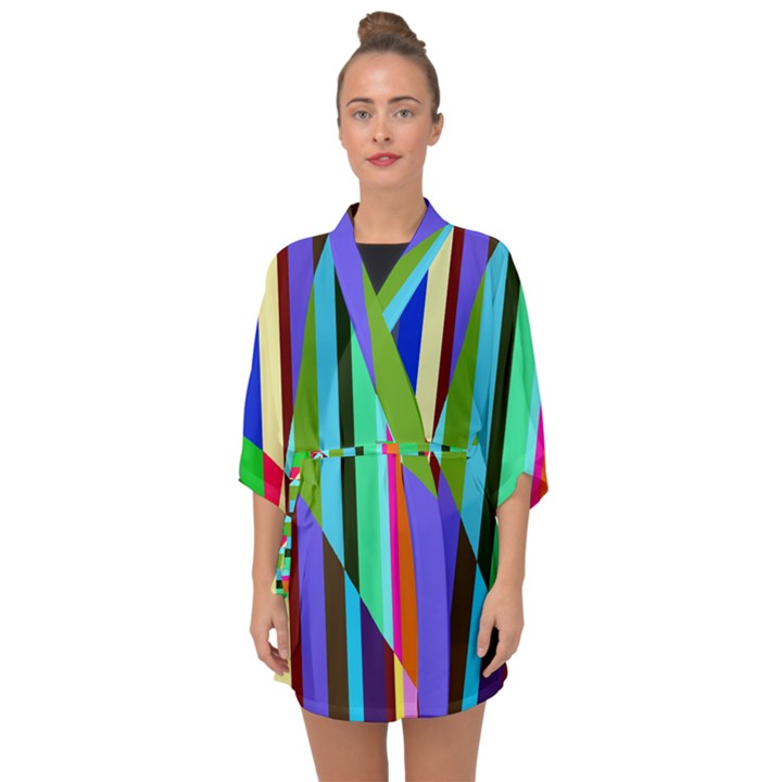 Stripes Interrupted Half Sleeve Chiffon Kimono