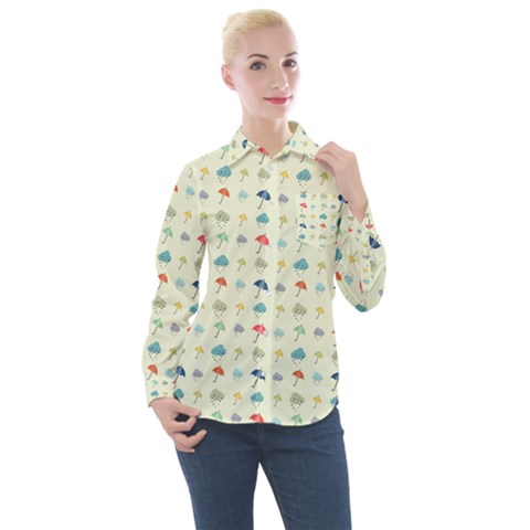 Clouds And Umbrellas Seasons Pattern Women s Long Sleeve Pocket Shirt by Wegoenart