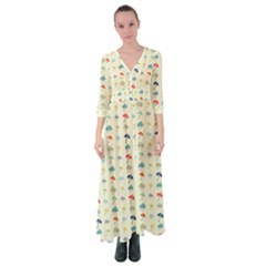 Clouds And Umbrellas Seasons Pattern Button Up Maxi Dress