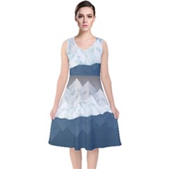 Snow Mountains Sea Sun Landscape V-neck Midi Sleeveless Dress 