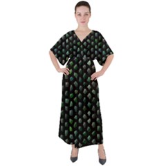 Abstract Green Design Scales V-neck Boho Style Maxi Dress