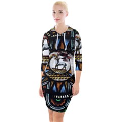 Spain Catalonia Montserrat Church  Stained Glass Quarter Sleeve Hood Bodycon Dress by Wegoenart