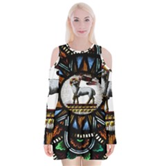 Spain Catalonia Montserrat Church  Stained Glass Velvet Long Sleeve Shoulder Cutout Dress