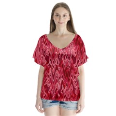 Background Abstract Surface Red V-neck Flutter Sleeve Top by Wegoenart