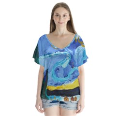 Painting Illustrations Vincent Van Gogh V-neck Flutter Sleeve Top by Wegoenart