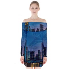 Smart City Circuit Board Long Sleeve Off Shoulder Dress by Wegoenart