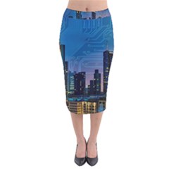 Smart City Circuit Board Velvet Midi Pencil Skirt by Wegoenart