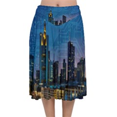 Smart City Circuit Board Velvet Flared Midi Skirt by Wegoenart