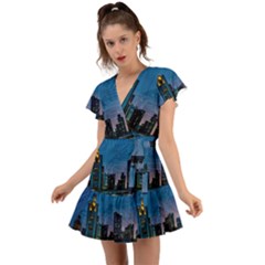 Smart City Circuit Board Flutter Sleeve Wrap Dress