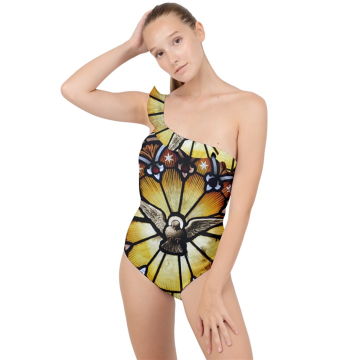 Spain Catalonia Montserrat Church Frilly One Shoulder Swimsuit