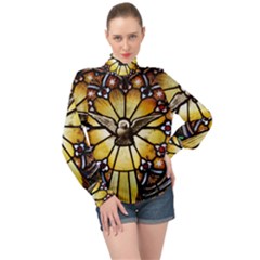 Spain Catalonia Montserrat Church High Neck Long Sleeve Chiffon Top