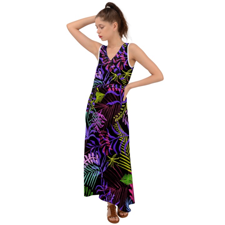 Leaves  V-Neck Chiffon Maxi Dress